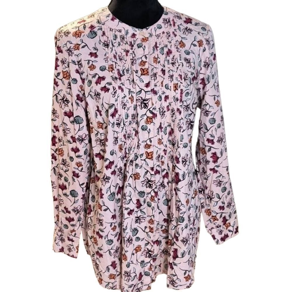 Woman Within M 14/16 Blush Pink Floral Collarless Button Down Shirt